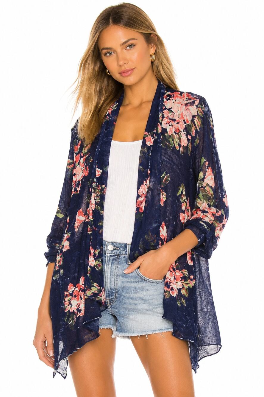 Anthropologie Knitted & Knotted Navy Floral Fringe Kimono Cardigan EUC Size Lg